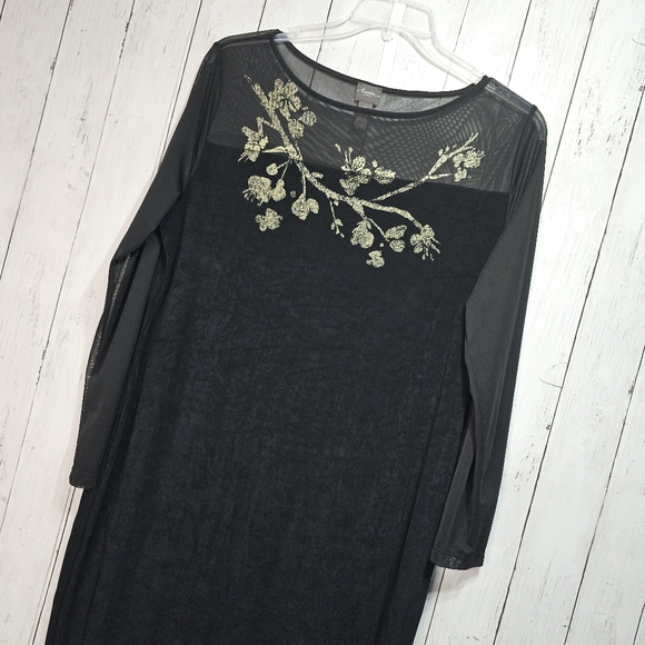 Chico's Travelers Women's Black Mesh Upper Bodice Sleeves Gold Dress Size XL 16. - Picture 4 of 10